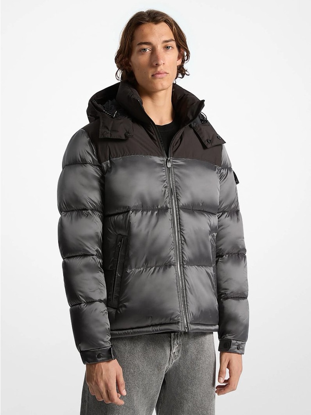 Michael Kors Men's Two-Tone Black Puffer Jacket with Hood - Size Large